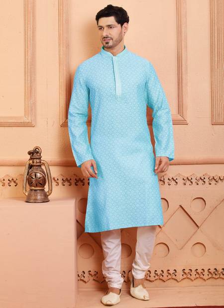 Sky Blue Colour Exclusive Party Wear Poly Jacquard Digital Printed Kurta Pajama Mens Collection RH-KP-8